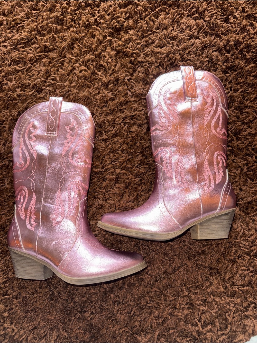 Pink Metallic Cowboy Boots - Western Embroidered Mid-Calf